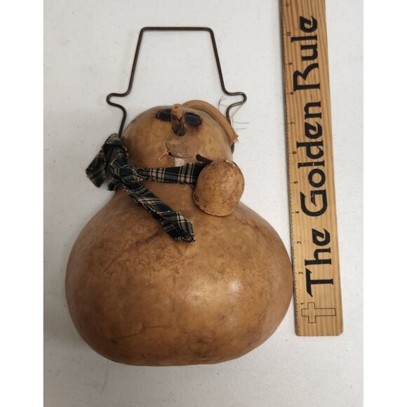 Handcrafted Gourd Snowman With Plaid Scarf & Wire Handle Rustic Winter Decor - Picture 5 of 6